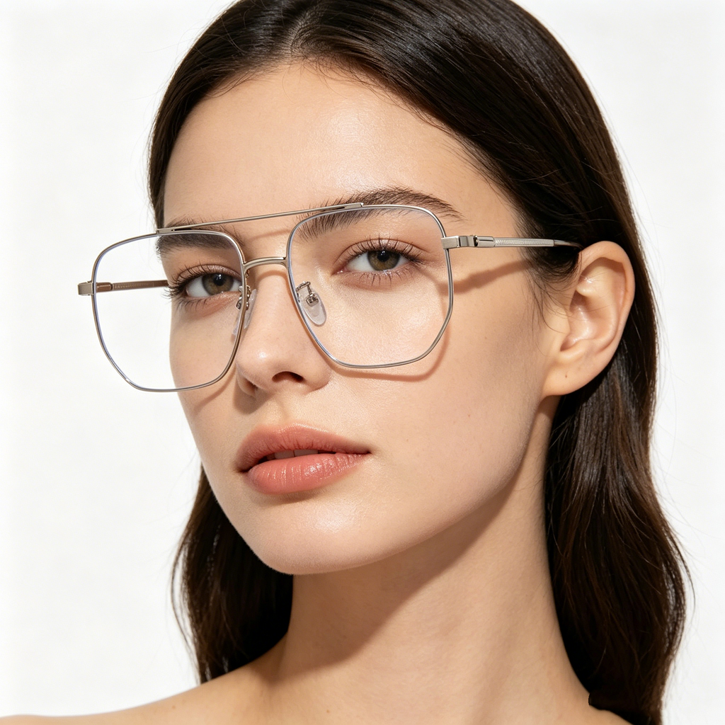 Women's Double-Bridge Blue Light Blocking Glasses with Large Metal Frames (Plain Lenses) / Men's Prescription Glasses Frames
