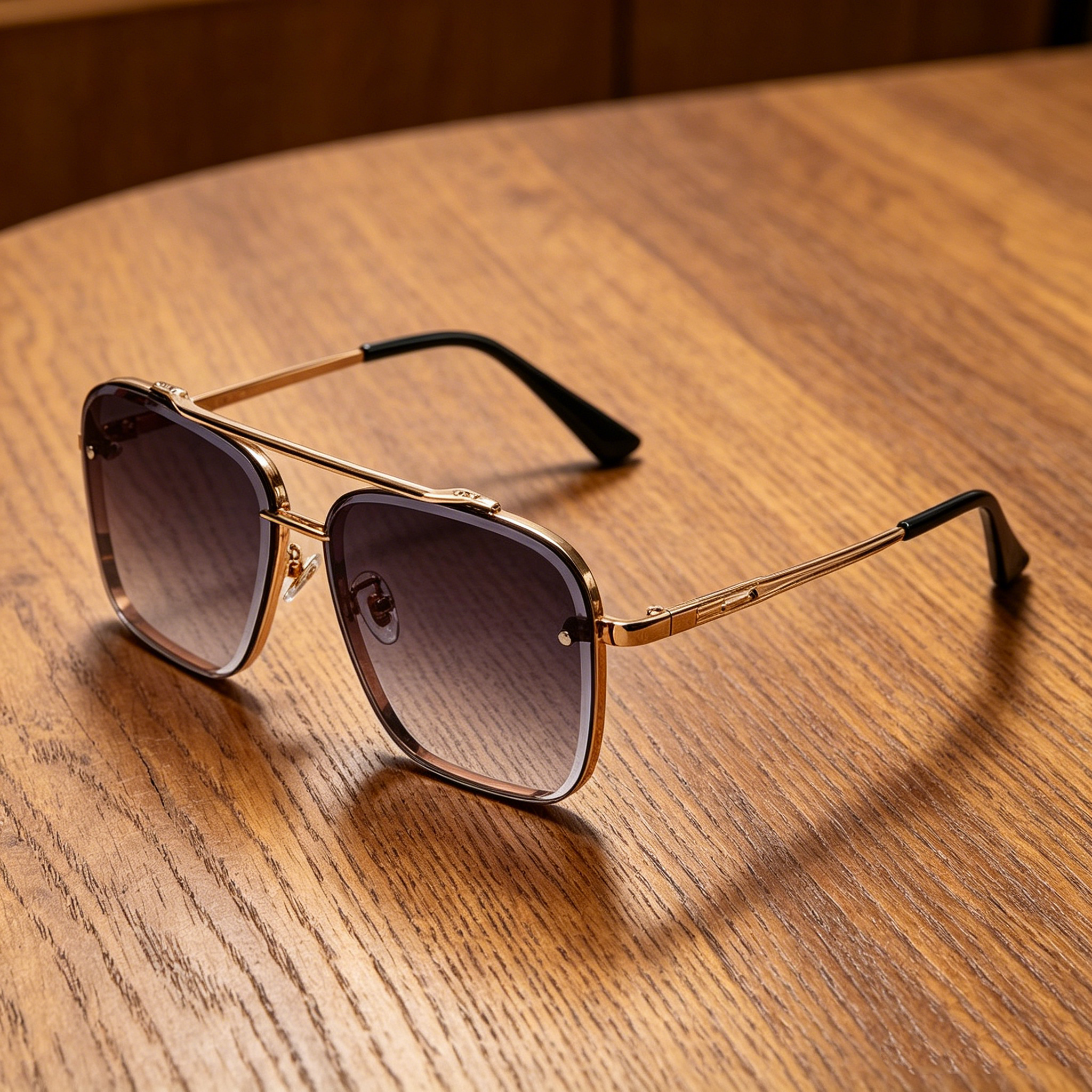 Men's Metal Double-Bridge Square-Frame Woodgrain-Leg Sunglasses for Driving