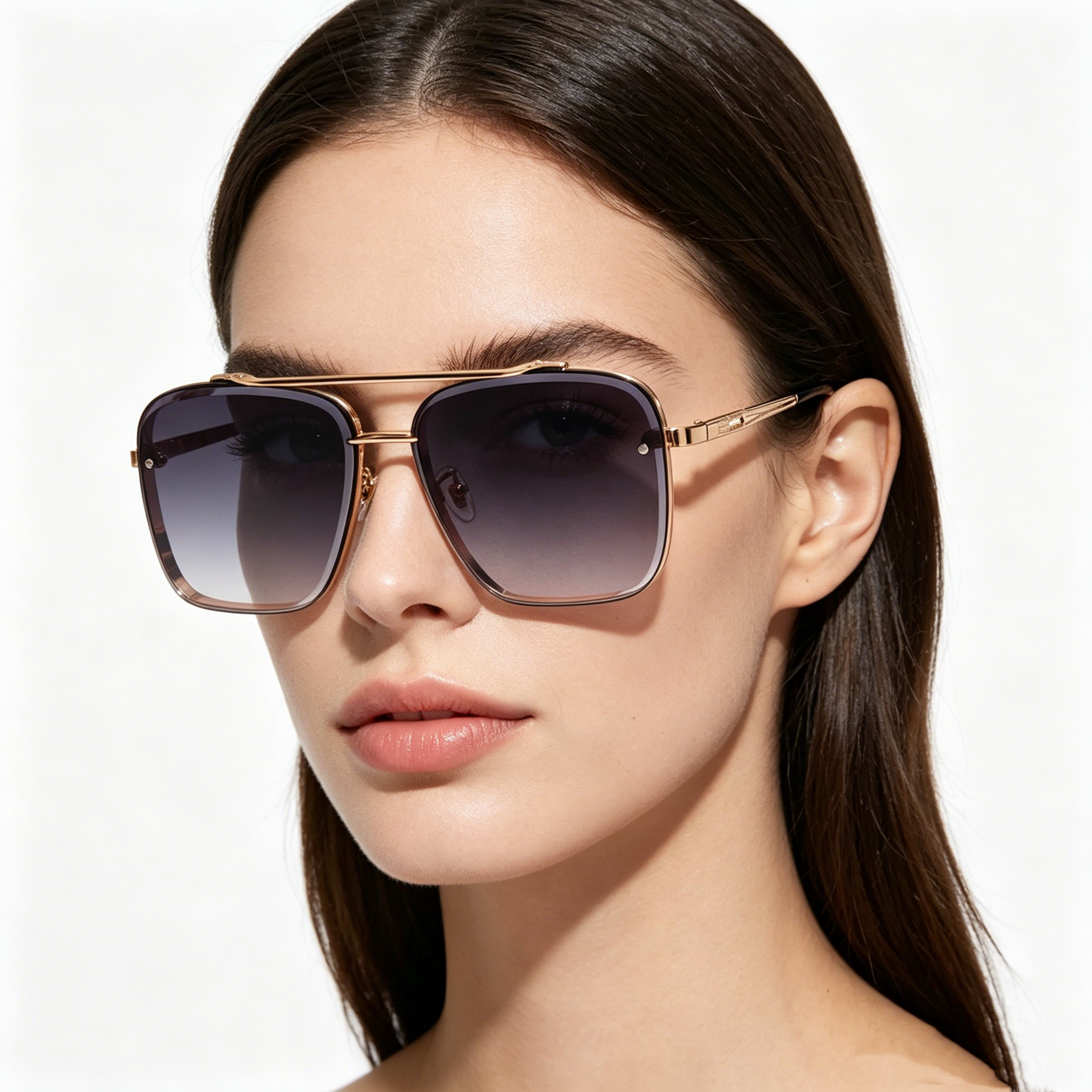 Men's Metal Double-Bridge Square-Frame Woodgrain-Leg Sunglasses for Driving