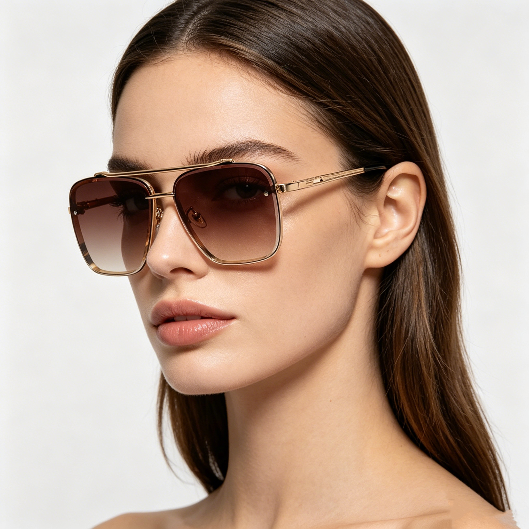 Men's Metal Double-Bridge Square-Frame Woodgrain-Leg Sunglasses for Driving