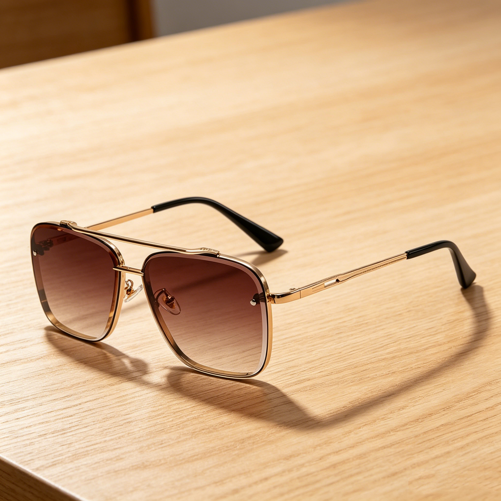 Men's Metal Double-Bridge Square-Frame Woodgrain-Leg Sunglasses for Driving