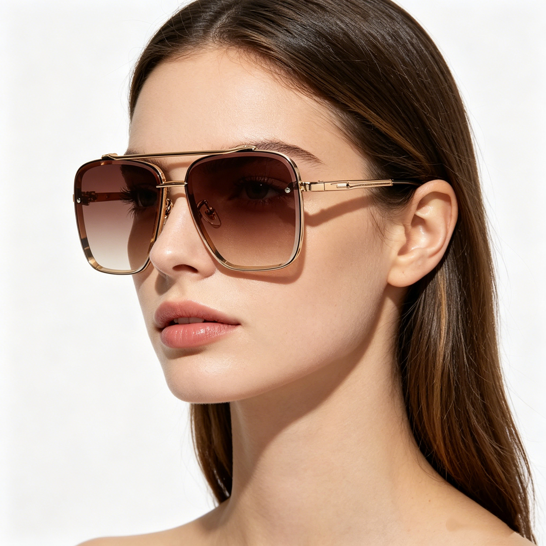 Men's Metal Double-Bridge Square-Frame Woodgrain-Leg Sunglasses for Driving