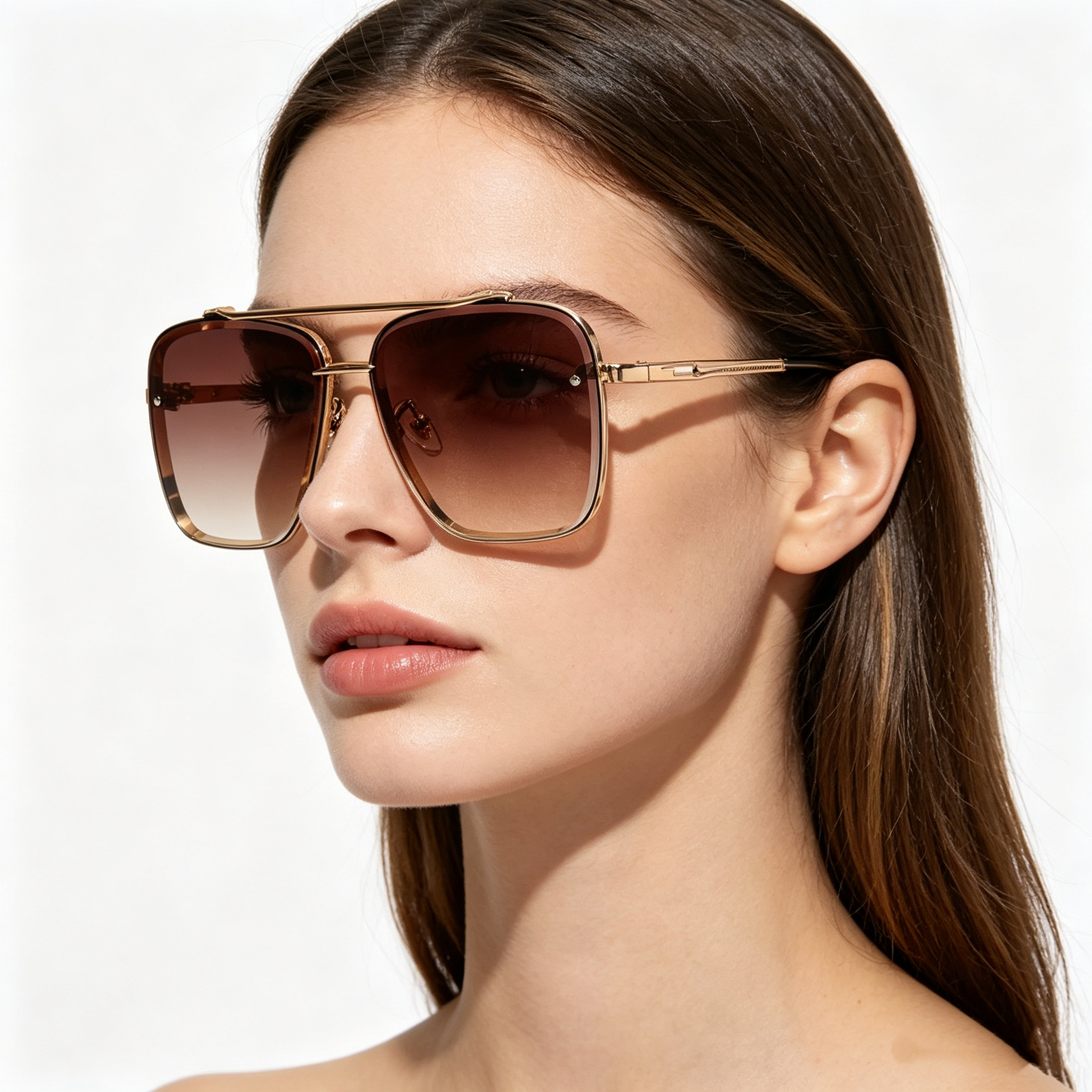 Men's Metal Double-Bridge Square-Frame Woodgrain-Leg Sunglasses for Driving