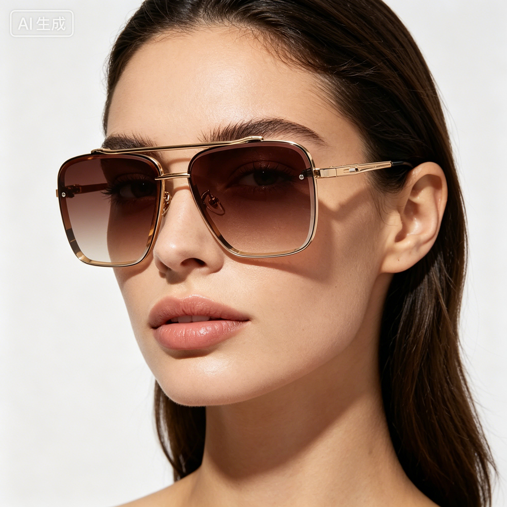 Men's Metal Double-Bridge Square-Frame Woodgrain-Leg Sunglasses for Driving