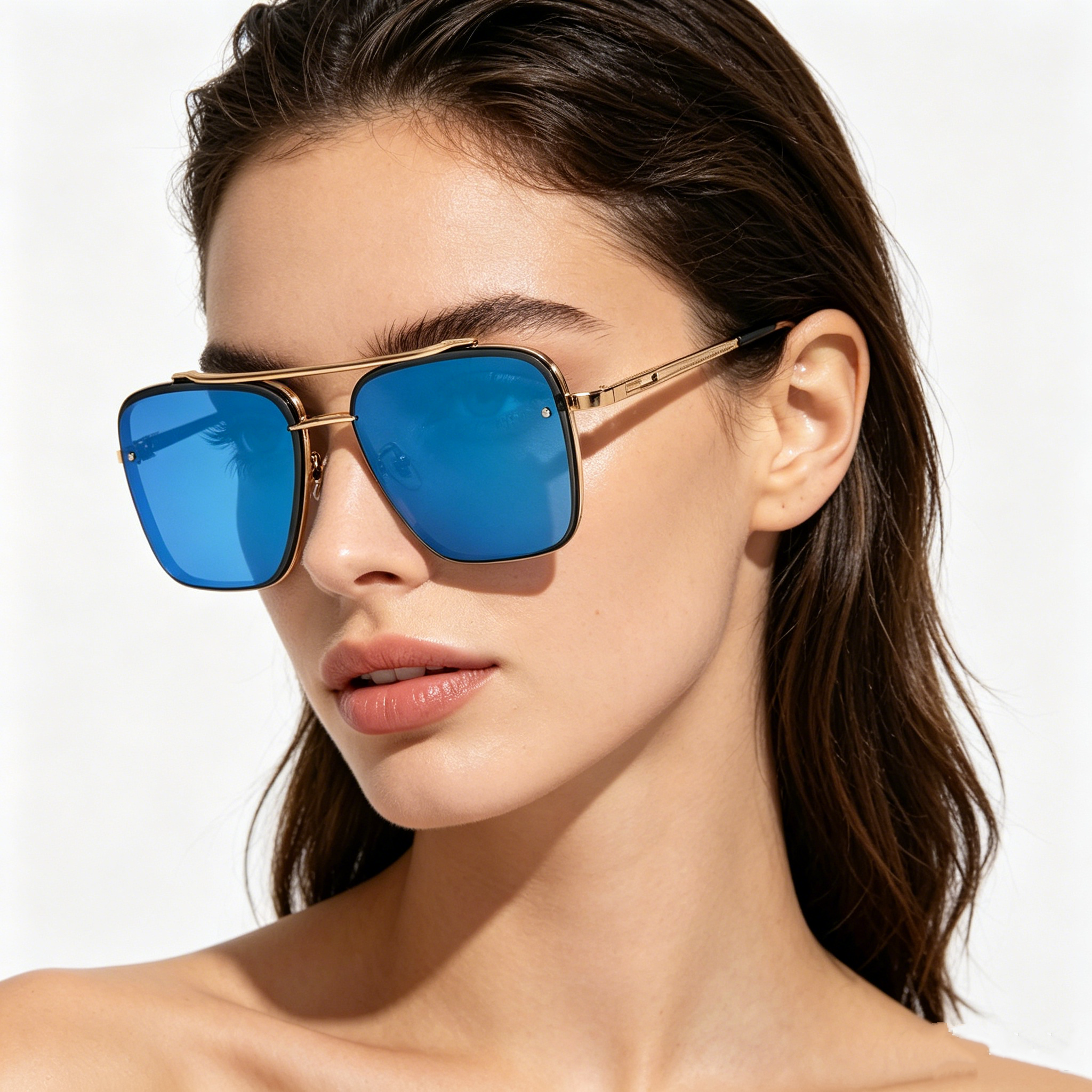 Men's Metal Double-Bridge Square-Frame Woodgrain-Leg Sunglasses for Driving