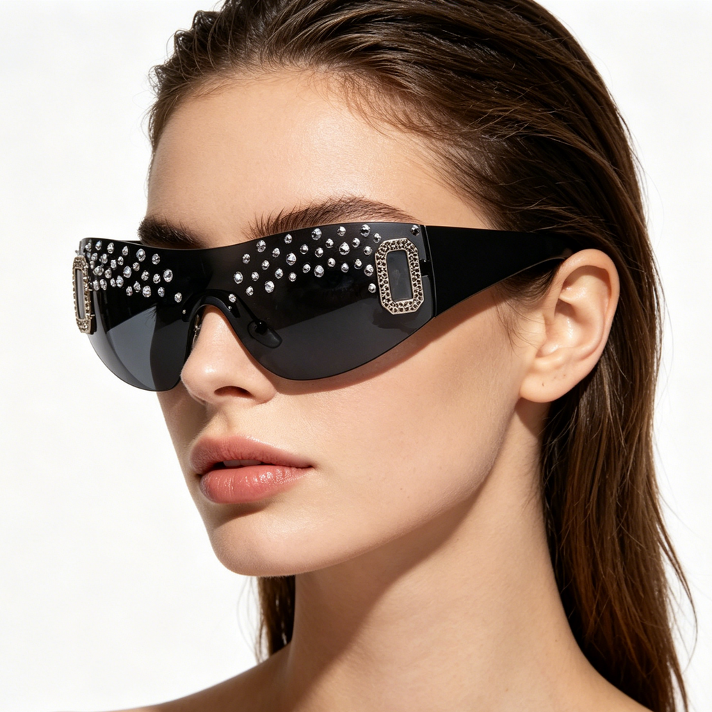 Hand-embellished Women's Oversized Sunglasses with Rhinestones, Rimless Graphite-Tinted Lenses, Fashionable Square-Frame Sunglasses for Women