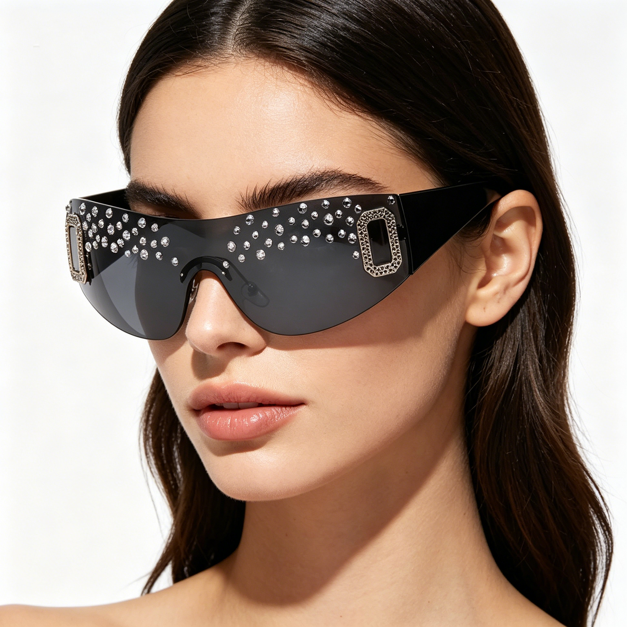 Hand-embellished Women's Oversized Sunglasses with Rhinestones, Rimless Graphite-Tinted Lenses, Fashionable Square-Frame Sunglasses for Women