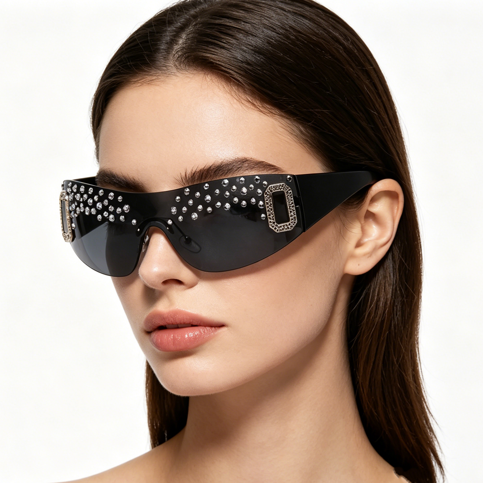 Hand-embellished Women's Oversized Sunglasses with Rhinestones, Rimless Graphite-Tinted Lenses, Fashionable Square-Frame Sunglasses for Women