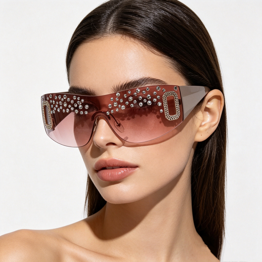 Hand-embellished Women's Oversized Sunglasses with Rhinestones, Rimless Graphite-Tinted Lenses, Fashionable Square-Frame Sunglasses for Women