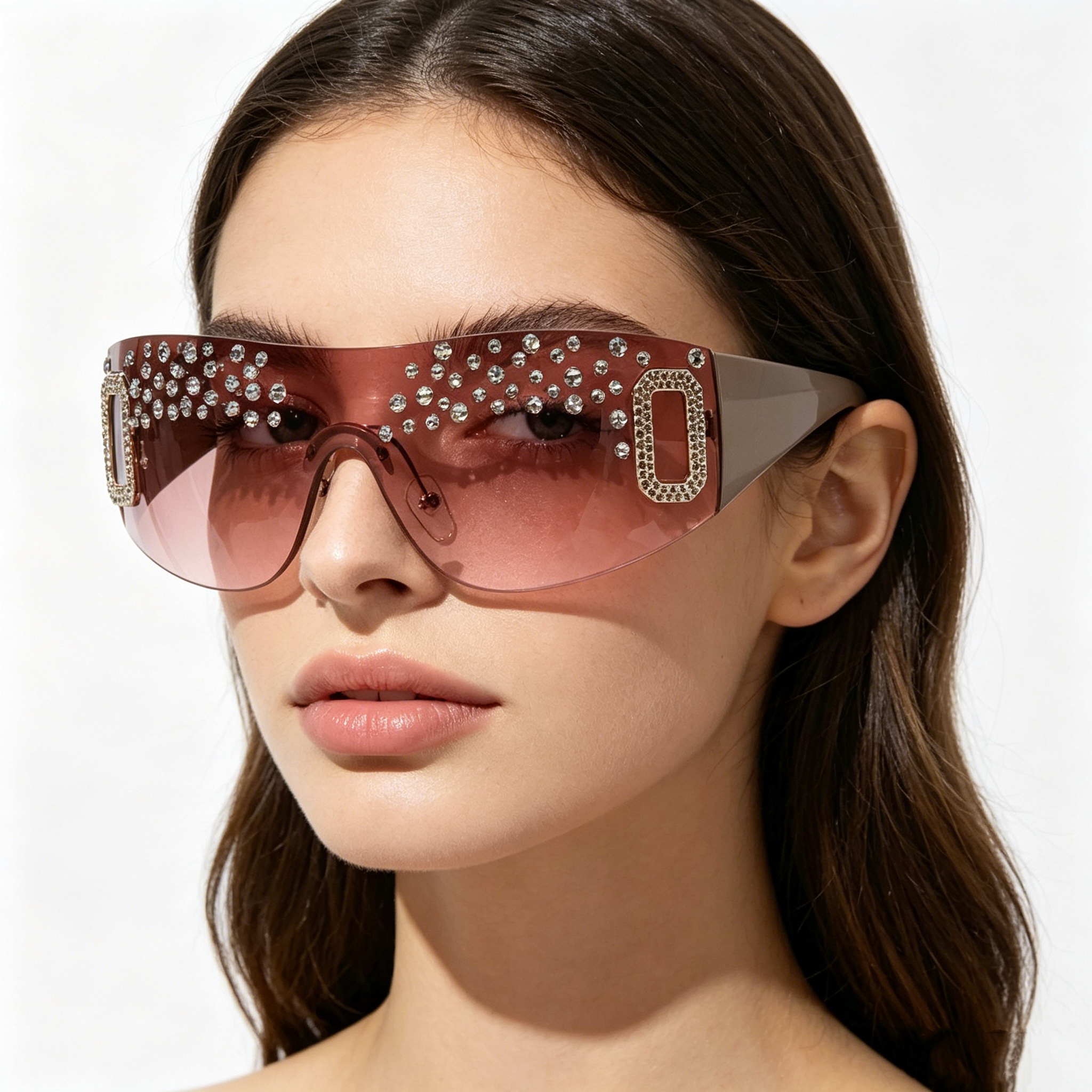 Hand-embellished Women's Oversized Sunglasses with Rhinestones, Rimless Graphite-Tinted Lenses, Fashionable Square-Frame Sunglasses for Women