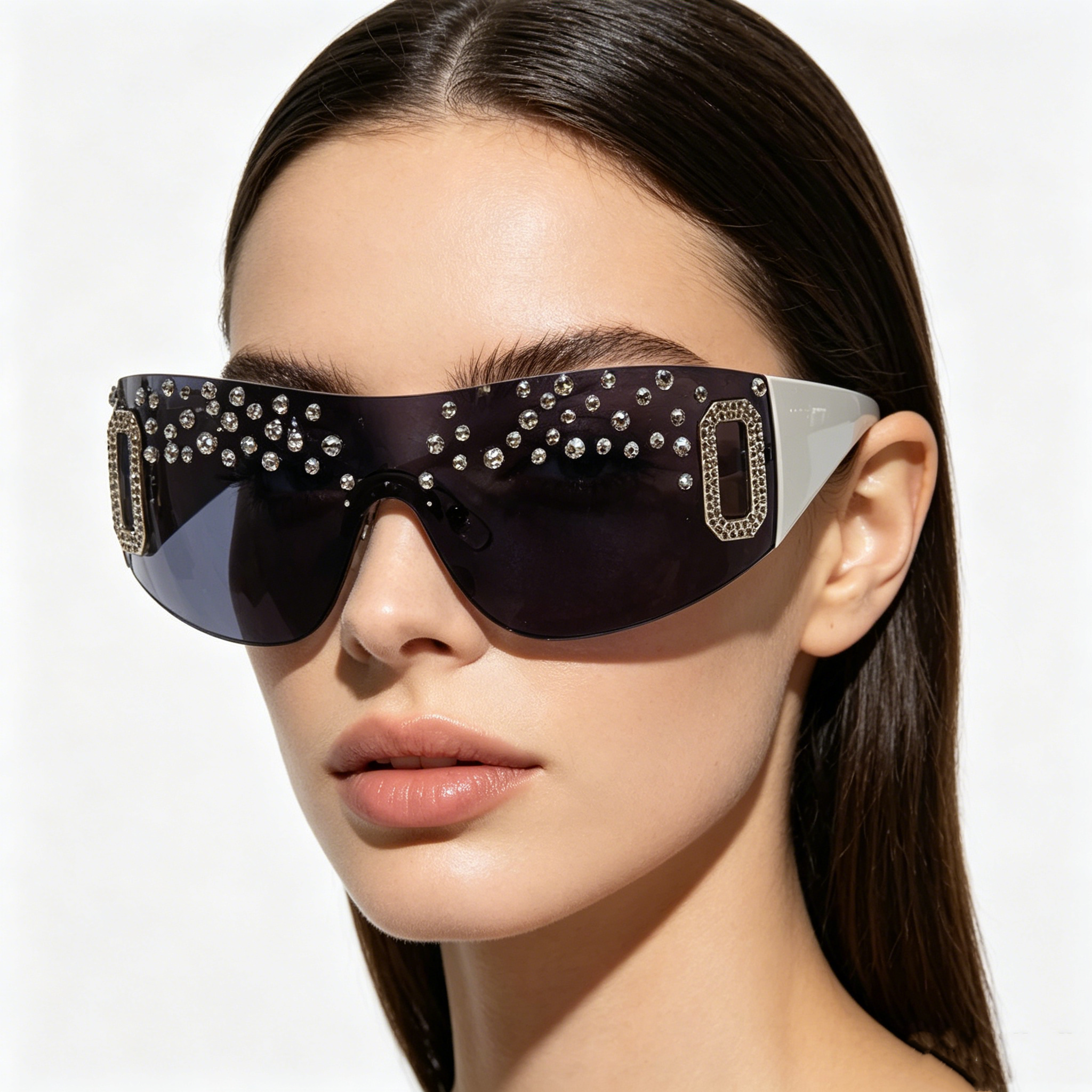 Hand-embellished Women's Oversized Sunglasses with Rhinestones, Rimless Graphite-Tinted Lenses, Fashionable Square-Frame Sunglasses for Women