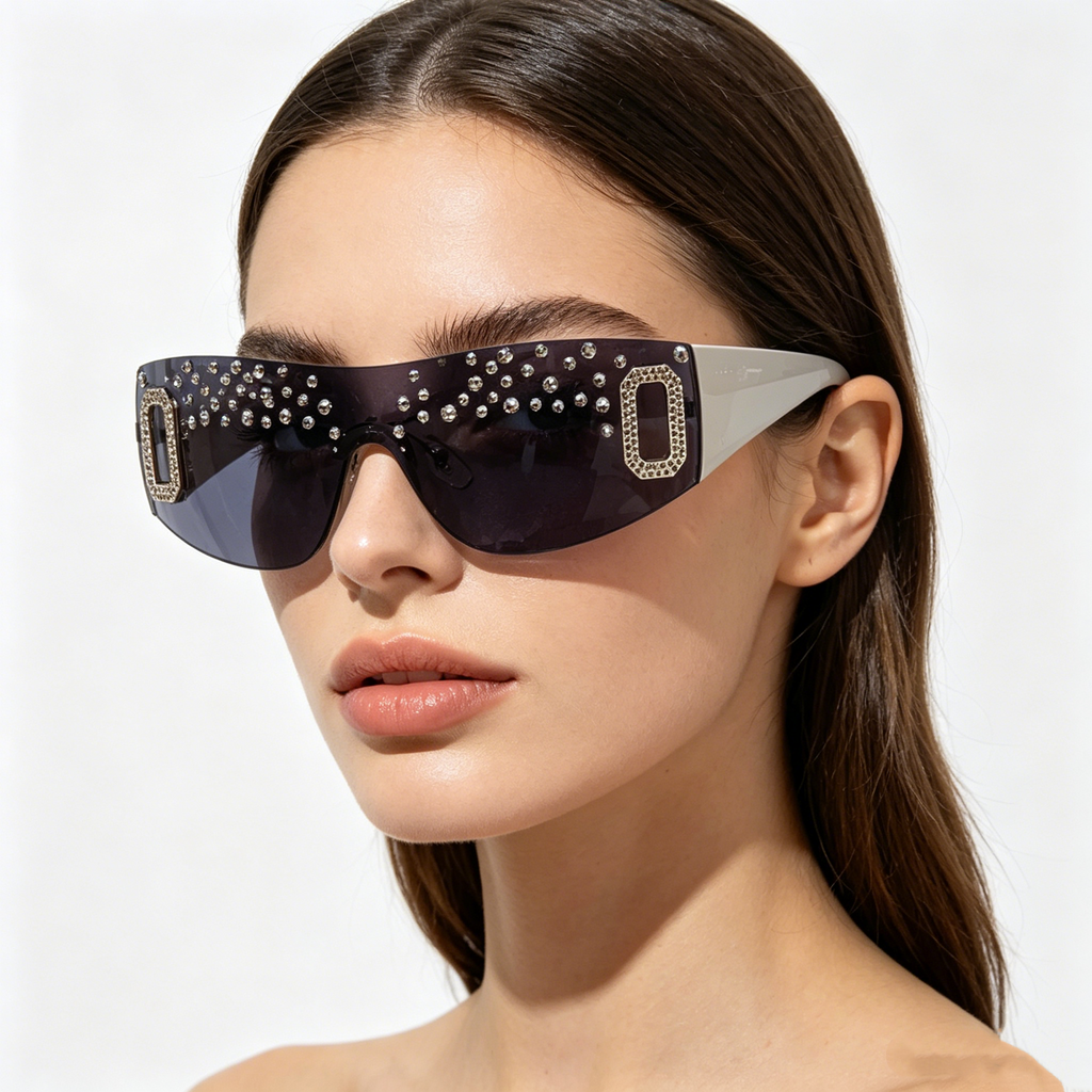 Hand-embellished Women's Oversized Sunglasses with Rhinestones, Rimless Graphite-Tinted Lenses, Fashionable Square-Frame Sunglasses for Women