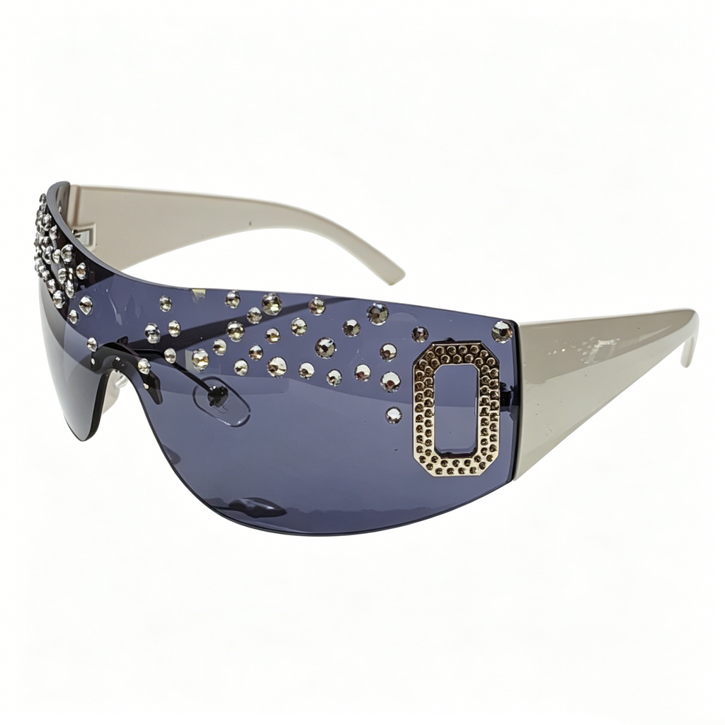 Hand-embellished Women's Oversized Sunglasses with Rhinestones, Rimless Graphite-Tinted Lenses, Fashionable Square-Frame Sunglasses for Women