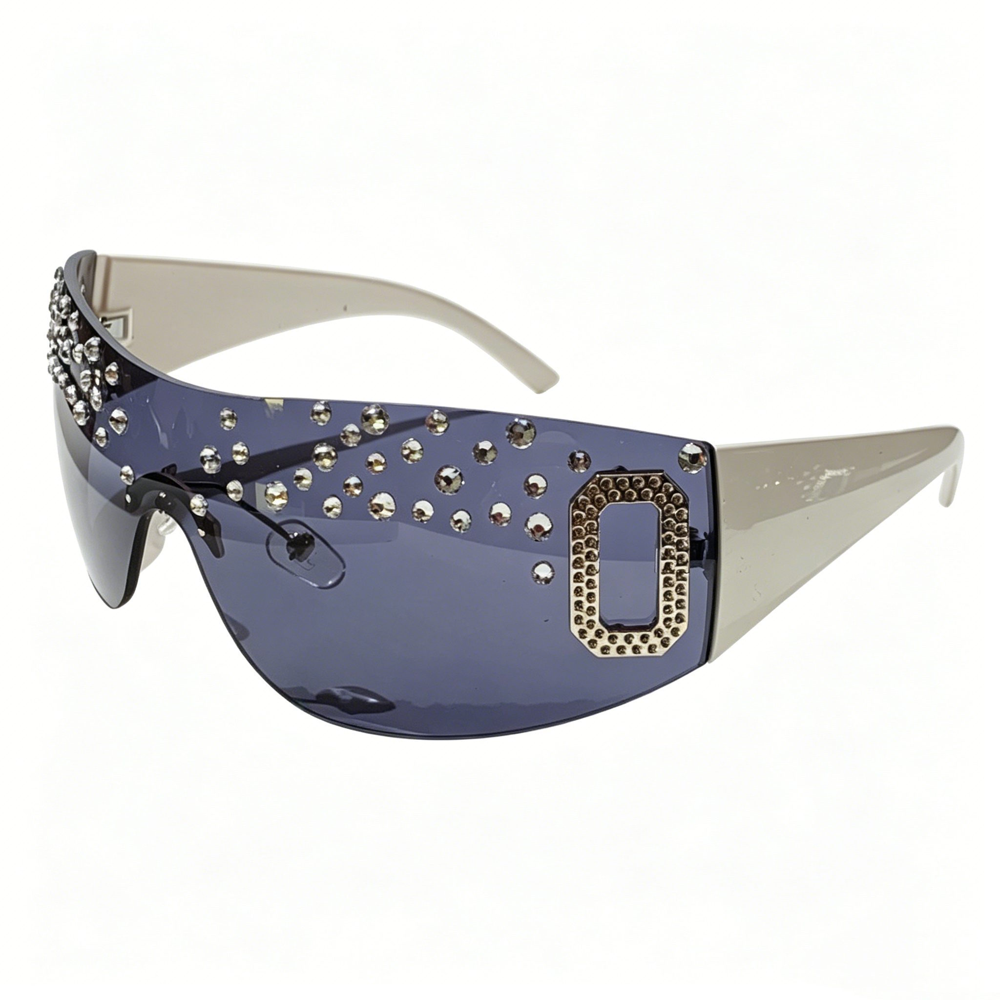 Hand-embellished Women's Oversized Sunglasses with Rhinestones, Rimless Graphite-Tinted Lenses, Fashionable Square-Frame Sunglasses for Women