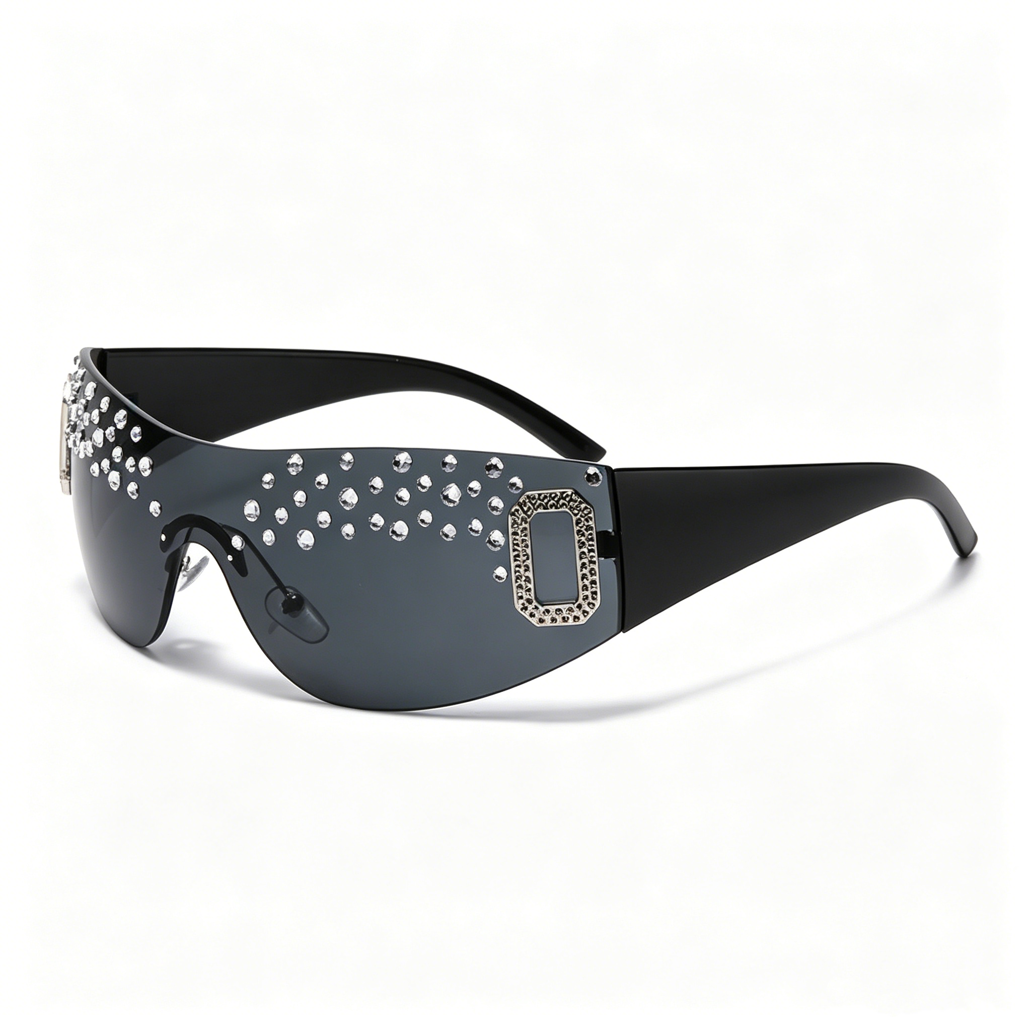 Hand-embellished Women's Oversized Sunglasses with Rhinestones, Rimless Graphite-Tinted Lenses, Fashionable Square-Frame Sunglasses for Women