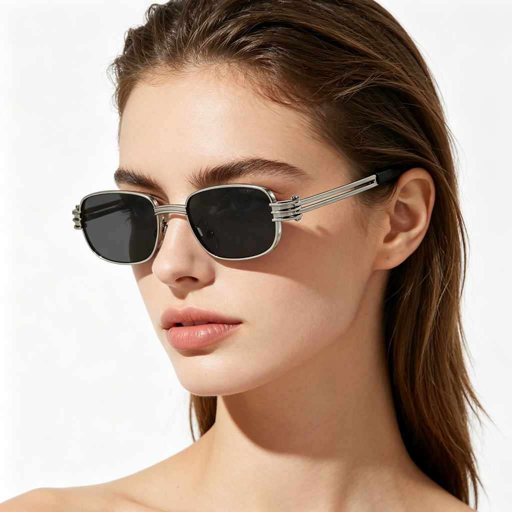 Square-Frame Punk Metal Sunglasses for Men and Women with Openwork Temples