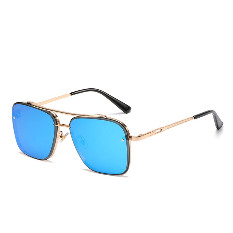 Men's Metal Double-Bridge Square-Frame Woodgrain-Leg Sunglasses for Driving