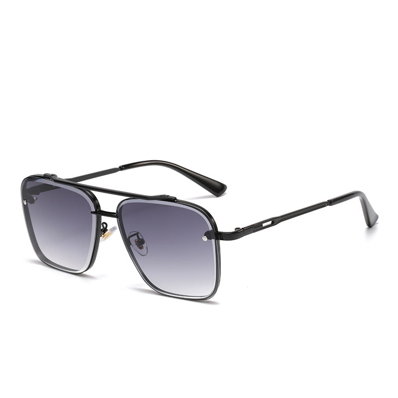 Men's Metal Double-Bridge Square-Frame Woodgrain-Leg Sunglasses for Driving